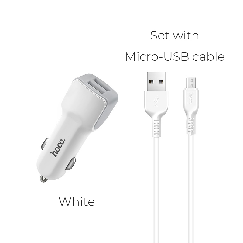 HOCO Z23 Grand style АЗУ (Автомобильное зарядное устройство) 2 USB, 2.4A с кабелем Micro USB, цвет белый.