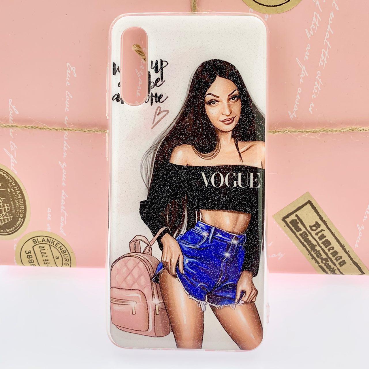Чехол накладка для SAMSUNG Galaxy A50 (SM-A505), A30s (SM-A307), A50s (SM-A507), силикон, глянец, рисунок Девушка в шортах и розовой сумкой VOGUE.
