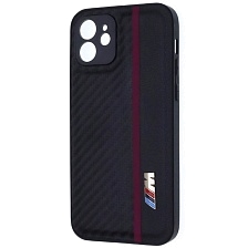 Чехол накладка для APPLE iPhone 12, силикон, карбон, экокожа, защита камеры, знак BMW M серии, цвет черный с бордовой полоской