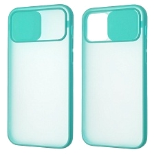 Чехол накладка для APPLE iPhone 12 (6.1"), iPhone 12 Pro (6.1"), силикон, пластик, матовый, со шторкой для защиты задней камеры, цвет окантовки бирюзовый