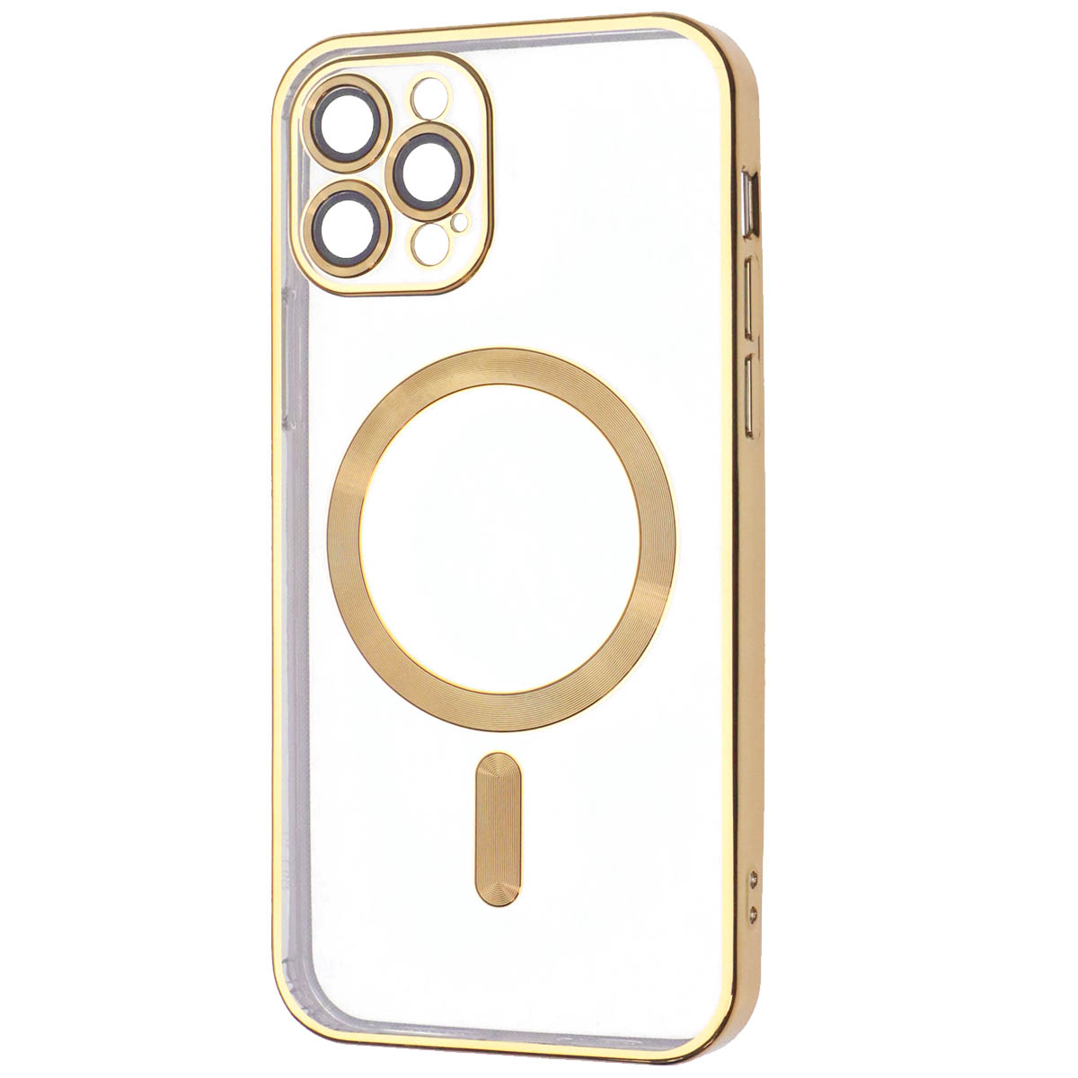 Чехол накладка FASHION CASE с поддержкой MagSafe для APPLE iPhone 12 Pro, силикон, защита камеры, цвет окантовки золотистый