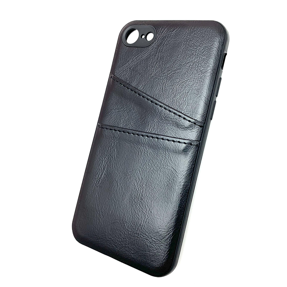Чехол накладка для APPLE iPhone 7, 8, силикон, под кожу, визитница, цвет черный.