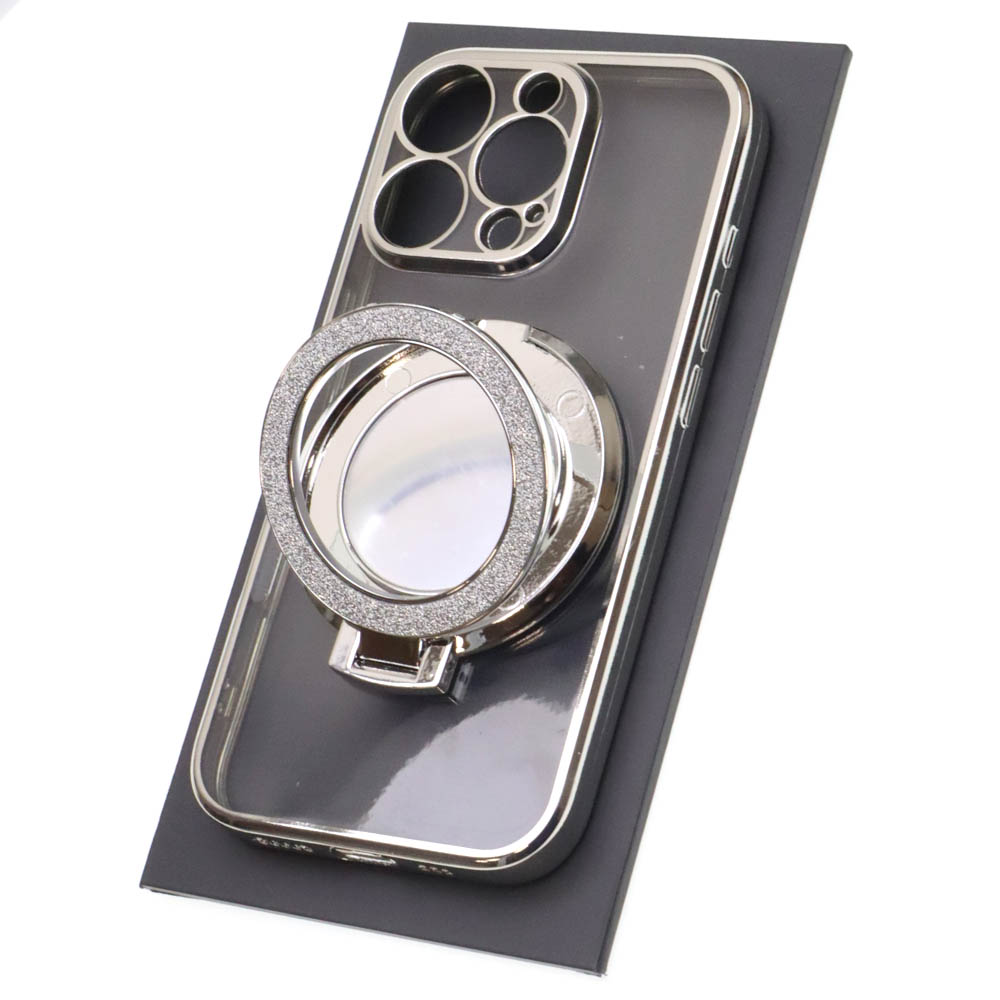 Чехол накладка для APPLE iPhone 16 Pro, силикон, защита камеры, кольцо держатель, прозрачный, цвет окантовки серебристый