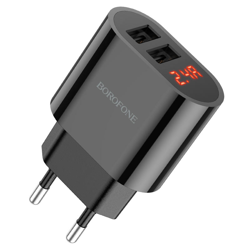 СЗУ (Сетевое зарядное устройство) BOROFONE BA63A, 2.4A, 2 USB, Led дисплей, цвет черный