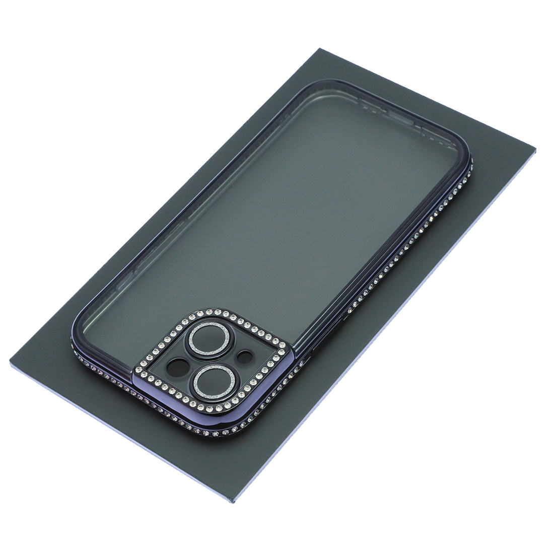 Чехол накладка для APPLE iPhone 15, силикон, защита камеры, стразы, цвет окантовки черный