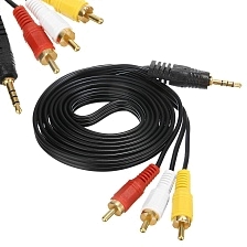 Кабель переходник Male (папа) Jack 3.5 (AUX) на Male (папа) 3 RCA (Тюльпаны), позолоченные контакты, длина 1.5 метра, цвет черный