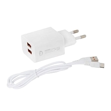 СЗУ (Сетевое зарядное устройство) DENMEN DC02T, 2.1A, 2 USB, кабель Type C, цвет белый