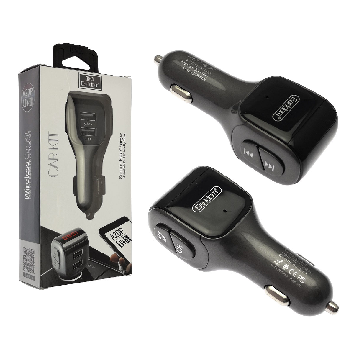 FM трансмиттер, модулятор Earldom ET-M35, Bluetooth, 2 USB, пластик, цвет серебряный.