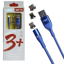 Магнитный зарядный кабель MRM 360 3 в 1, с магнитными насадками APPLE Lightning 8-pin, Micro USB, Type-C, цвет синий