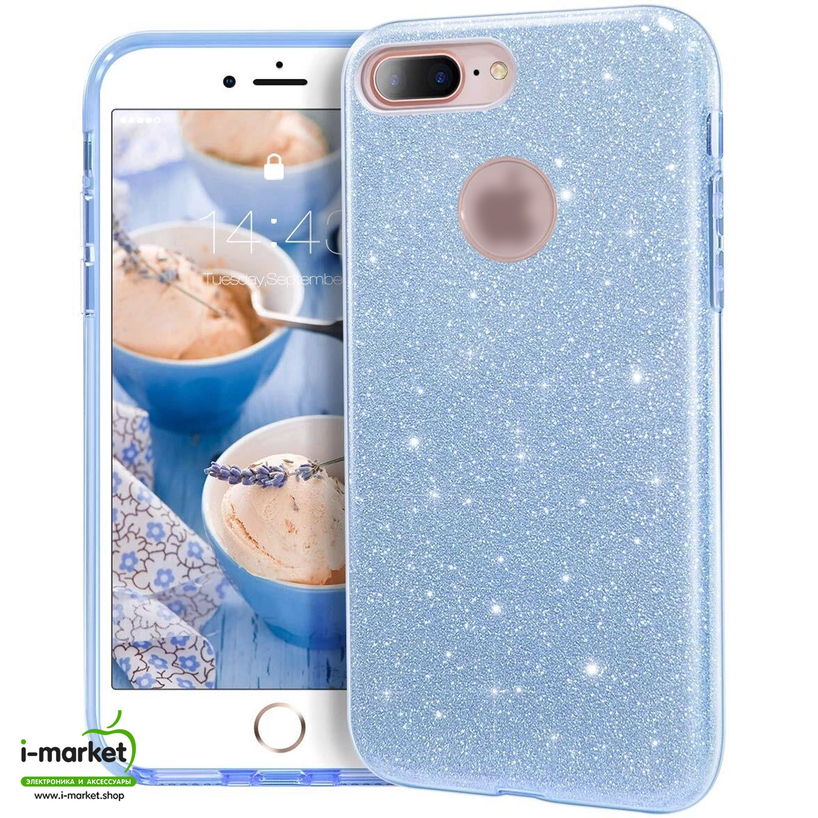 Чехол накладка Shine для APPLE iPhone 7 Plus, iPhone 8 Plus, силикон, блестки, цвет голубой