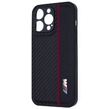 Чехол накладка для APPLE iPhone 15 Pro Max, силикон, карбон, экокожа, защита камеры, знак BMW M серии, цвет черный с бордовой полоской