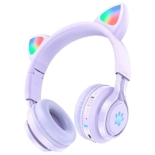 Гарнитура (наушники с микрофоном) беспроводная, полноразмерная, HOCO W39 Cat ear, светящиеся ушки, цвет фиолетовый