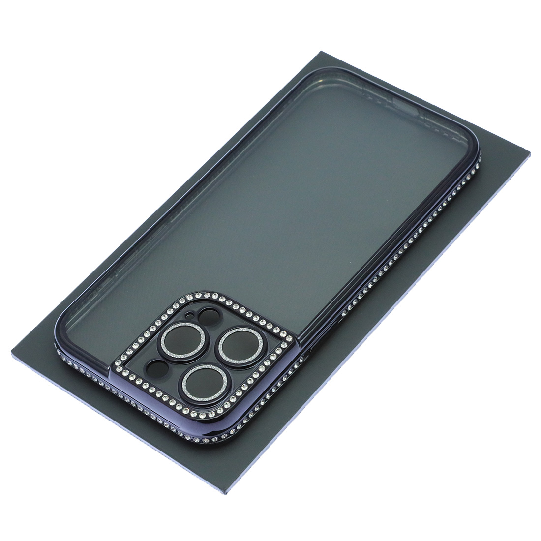 Чехол накладка для APPLE iPhone 15 Pro Max, силикон, защита камеры, стразы, цвет окантовки черный