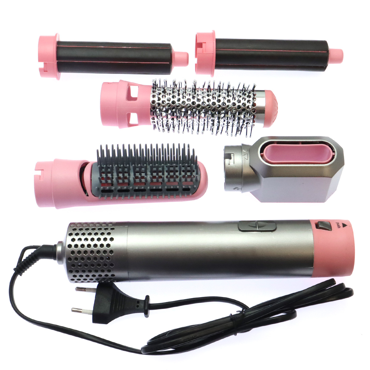 Стайлер (фен щетка) для волос Hot Air Styler, 5 насадок, 1000W, кейс, цвет серебристо розовый