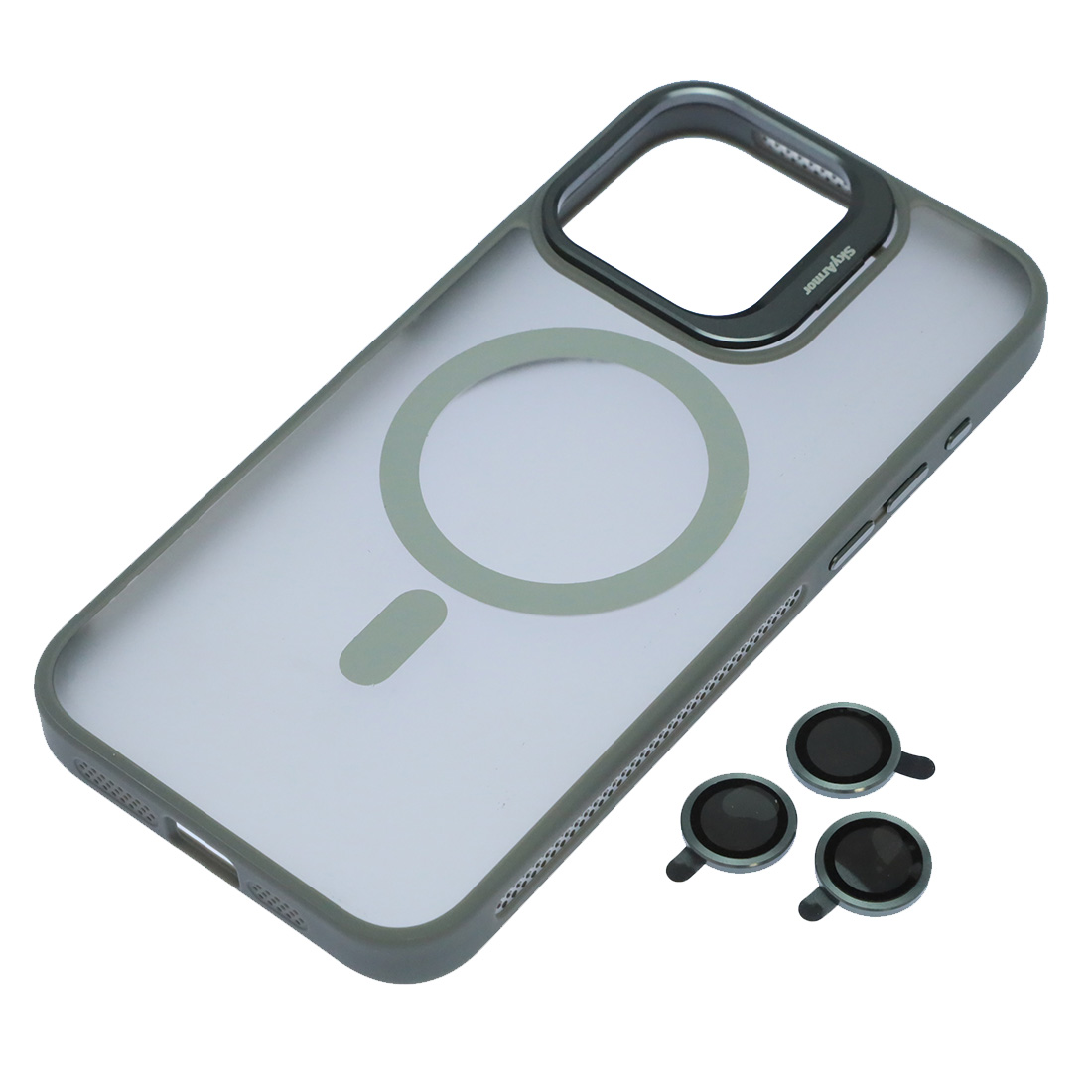 Чехол накладка Sky Armor с поддержкой MagSafe для APPLE iPhone 15 Pro Max, защитные стекла камер, подставка, матовый, цвет серый Чехол накладка Sky Armor с поддержкой MagSafe для APPLE iPhone 15 Pro Max, защитные стекла камер, подставка, матовый, цвет серый