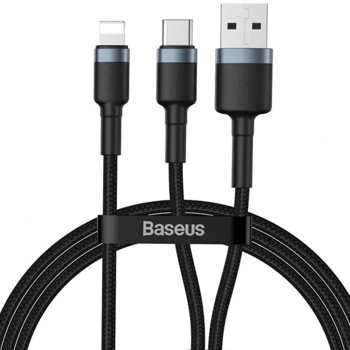Кабель Baseus 2 in 1 USB, USB Type C на APPLE Lightning 8 pin, 18W, 2.4А, длина 1.2 метра, цвет черно серый