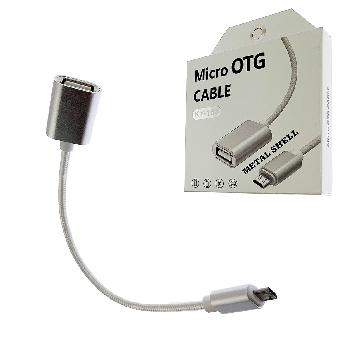 OTG переходник, адаптер, конвертер KY-168 на Micro USB, длина кабеля 10 см, цвет серебристо белый