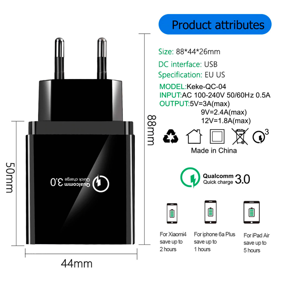 Keke QC 04 СЗУ (Сетевое зарядное устройство), 4 USB, QC 3.0, 6.2A, цвет черный