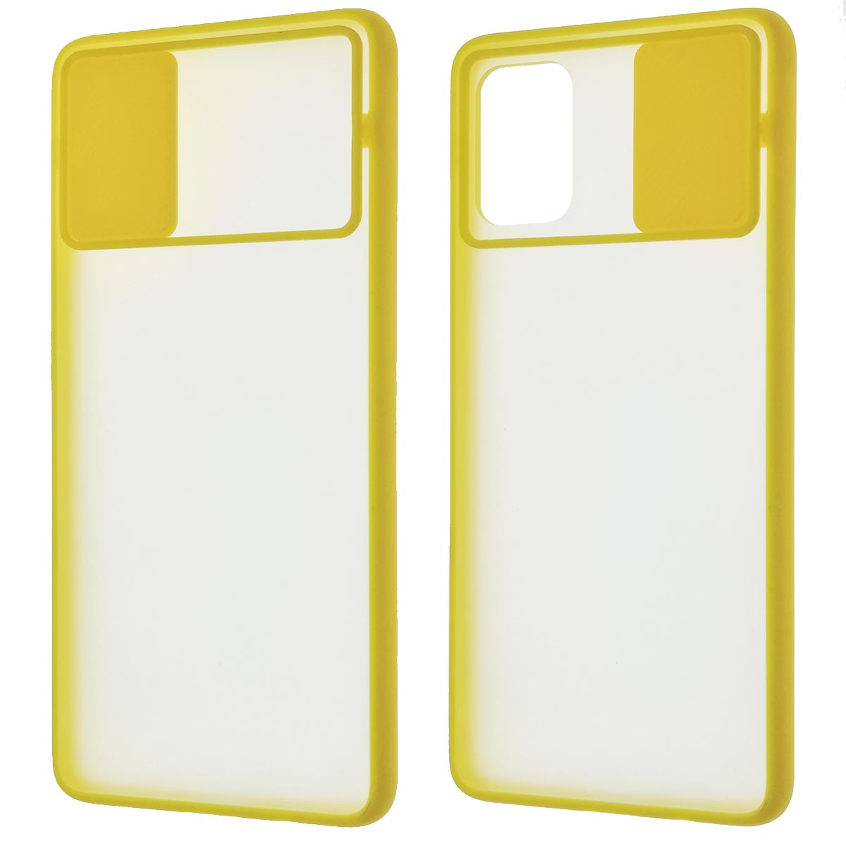 Чехол накладка для SAMSUNG Galaxy A71 (SM-A715), силикон, пластик, матовый, со шторкой для защиты задней камеры, цвет окантовки желтый