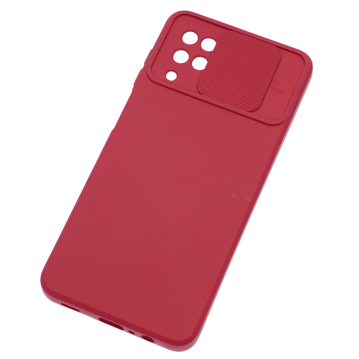 Чехол накладка для SAMSUNG Galaxy A12, M12, силикон, бархат, со шторкой для защиты задней камеры, цвет вишневый