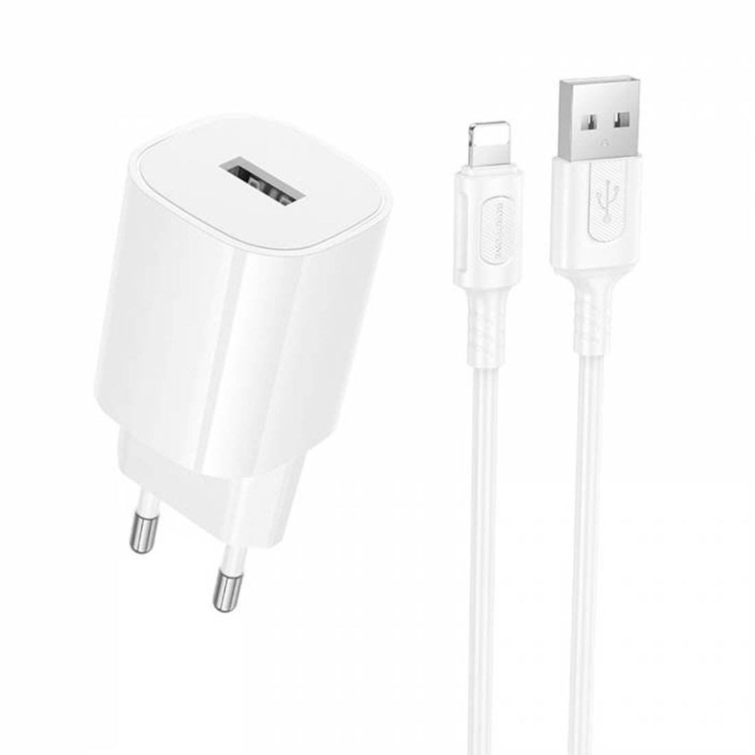 СЗУ (Сетевое зарядное устройство) BOROFONE BA101A Pudding с кабелем Lightning 8 pin, 10.5W, 1 USB A, длина 1 метр, цвет белый