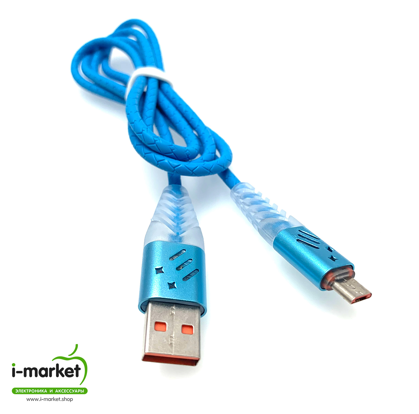 USB Дата-кабель "G03" micro USB силиконовый, длина 1 метр, цвет голубой, текстурированная оболочка, оранжевые контакты.