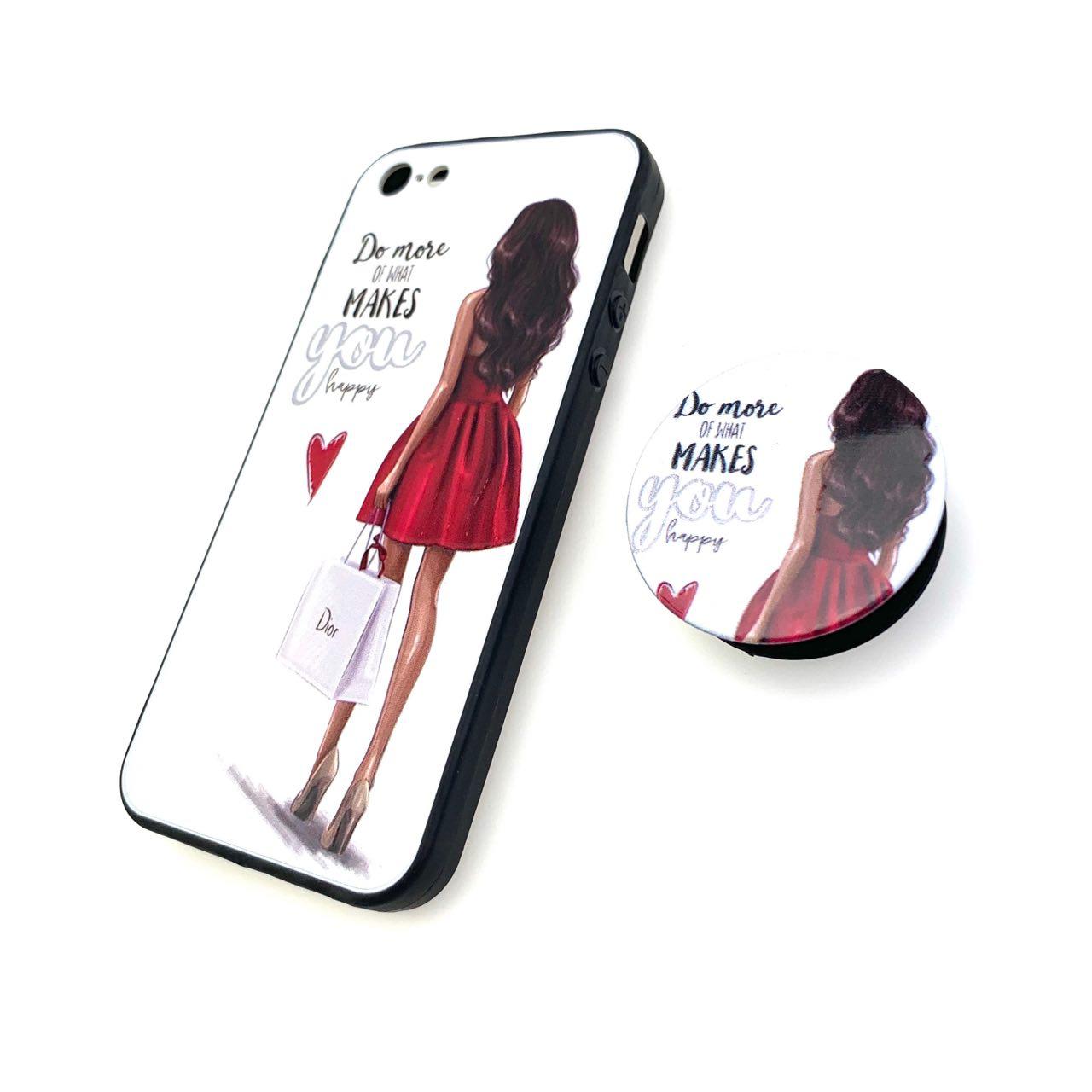 Чехол накладка для APPLE iPhone 5, 5S, SE, силикон с поп сокетом, рисунок Девушка в красном платье.