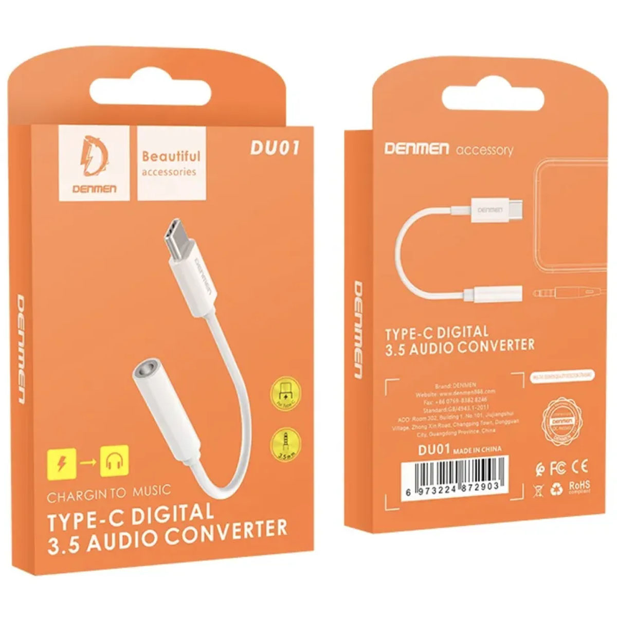 Аудио кабель, переходник DENMEN DU01 гнездо AUX на USB Type C, цвет белый