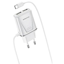 СЗУ (Сетевое зарядное устройство) BOROFONE BA50A Beneficence со встроенным кабелем USB Type C, 2.1A, 2 USB, длина 1 метр, цвет белый | Распродажа по 390