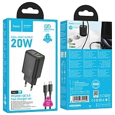 СЗУ (Сетевое зарядное устройство) HOCO N61 Gentle с кабелем USB Type C на Lightning 8 pin, 20W, 1 USB Type C, 1 USB A, PD20W, QC3.0, длина 1 метр, цвет черный