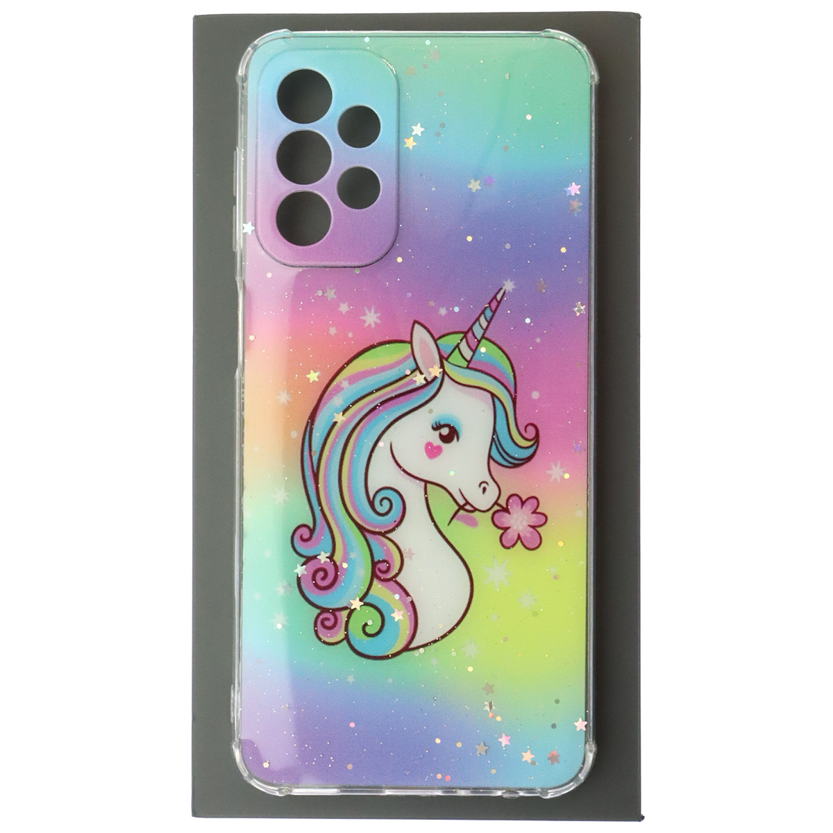 Чехол накладка для SAMSUNG Galaxy A23 (SM-A325F), силикон, глянцевый, блестки, рисунок Единорог Чехол накладка для SAMSUNG Galaxy A23 (SM-A325F), силикон, глянцевый, блестки, рисунок Единорог