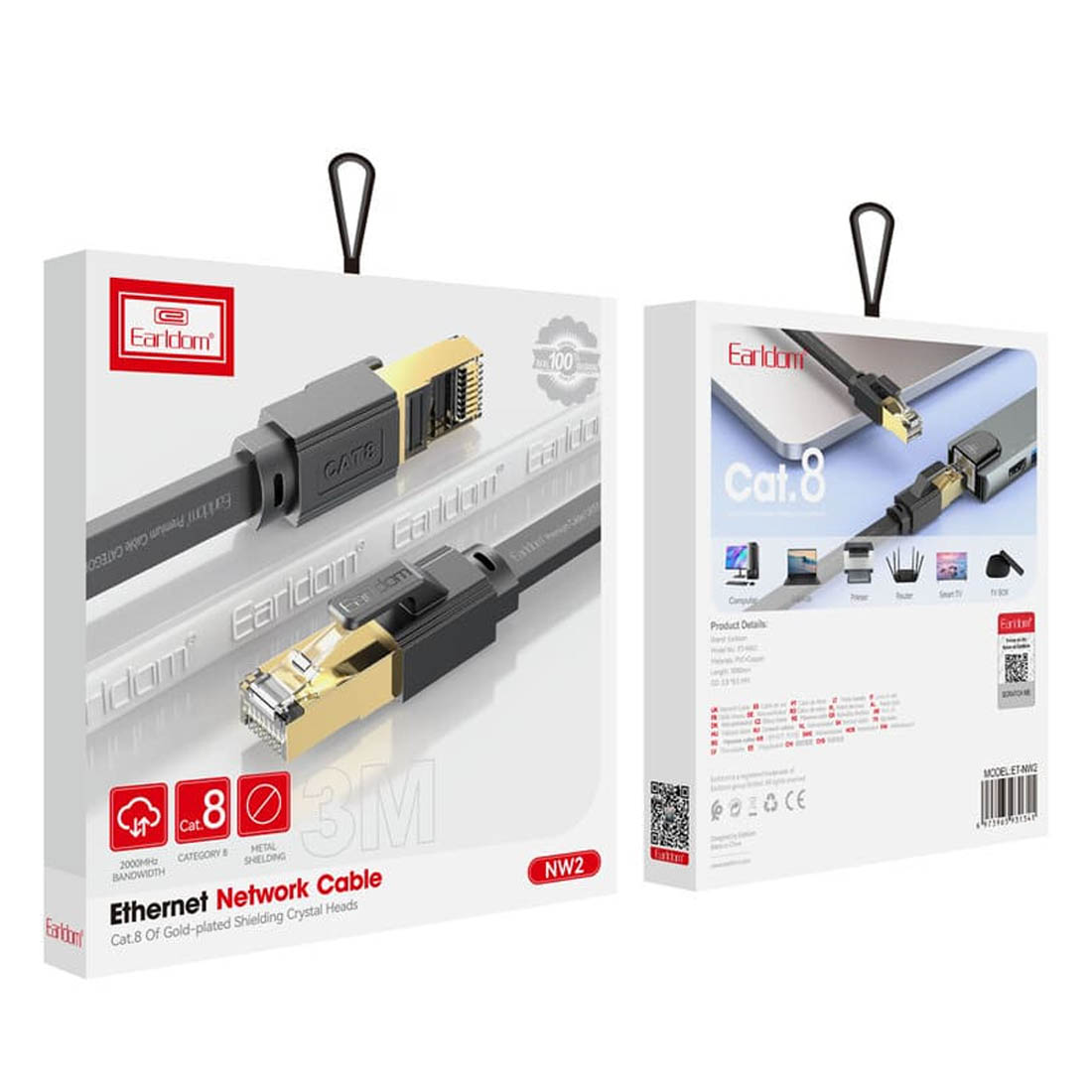 Патч-корд (UTP), сетевой кабель для интернета, плоский EARLDOM ET-NW2, разъемы RJ-45, Cat.8, длина 3 метра, цвет черный