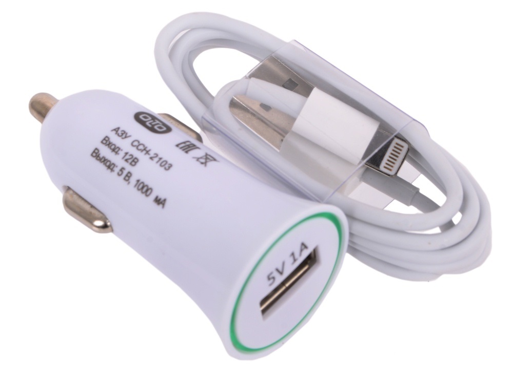 Автомобильное зарядное устройство OLTO 1A с кабелем Lightning USB, цвет белый, CCH-2105 | Последняя цена
