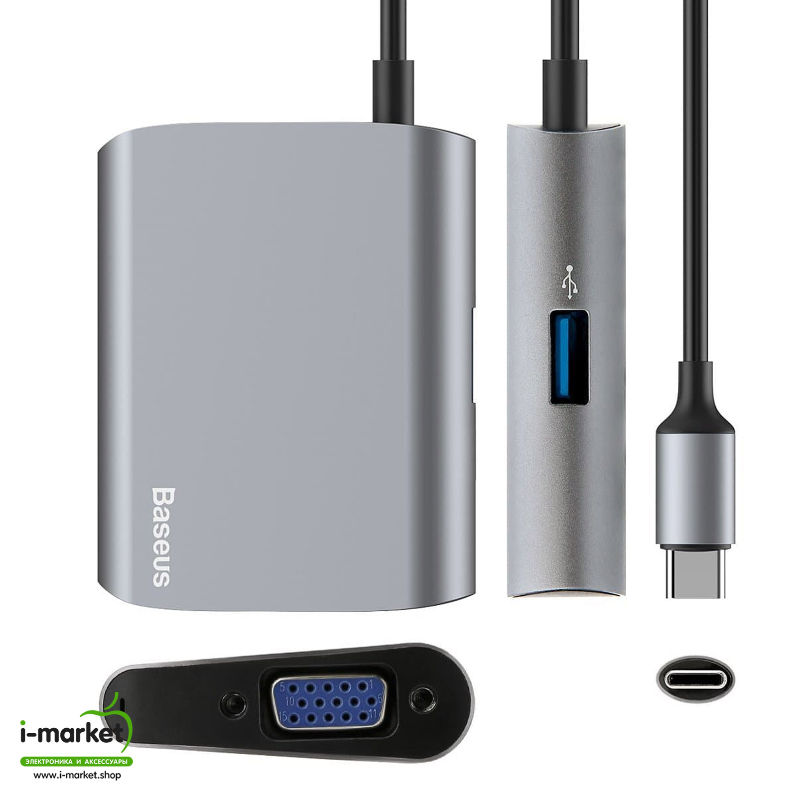 USB-концентратор (ХАБ) Baseus Enjoyment series Type-C на VGA + USB 3.0, цвет серый