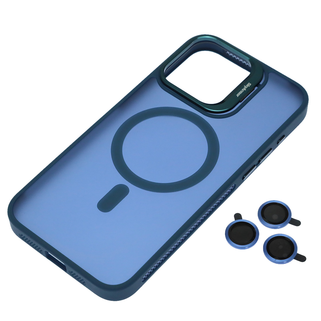 Чехол накладка Sky Armor с поддержкой MagSafe для APPLE iPhone 15 Pro Max, защитные стекла камер, подставка, матовый, цвет темно синий
