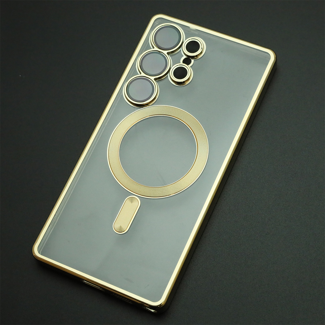Чехол накладка FASHION CASE для SAMSUNG Galaxy S25 Ultra, с поддержкой MagSafe, силикон, защита камеры, прозрачный, цвет окантовки золотистый