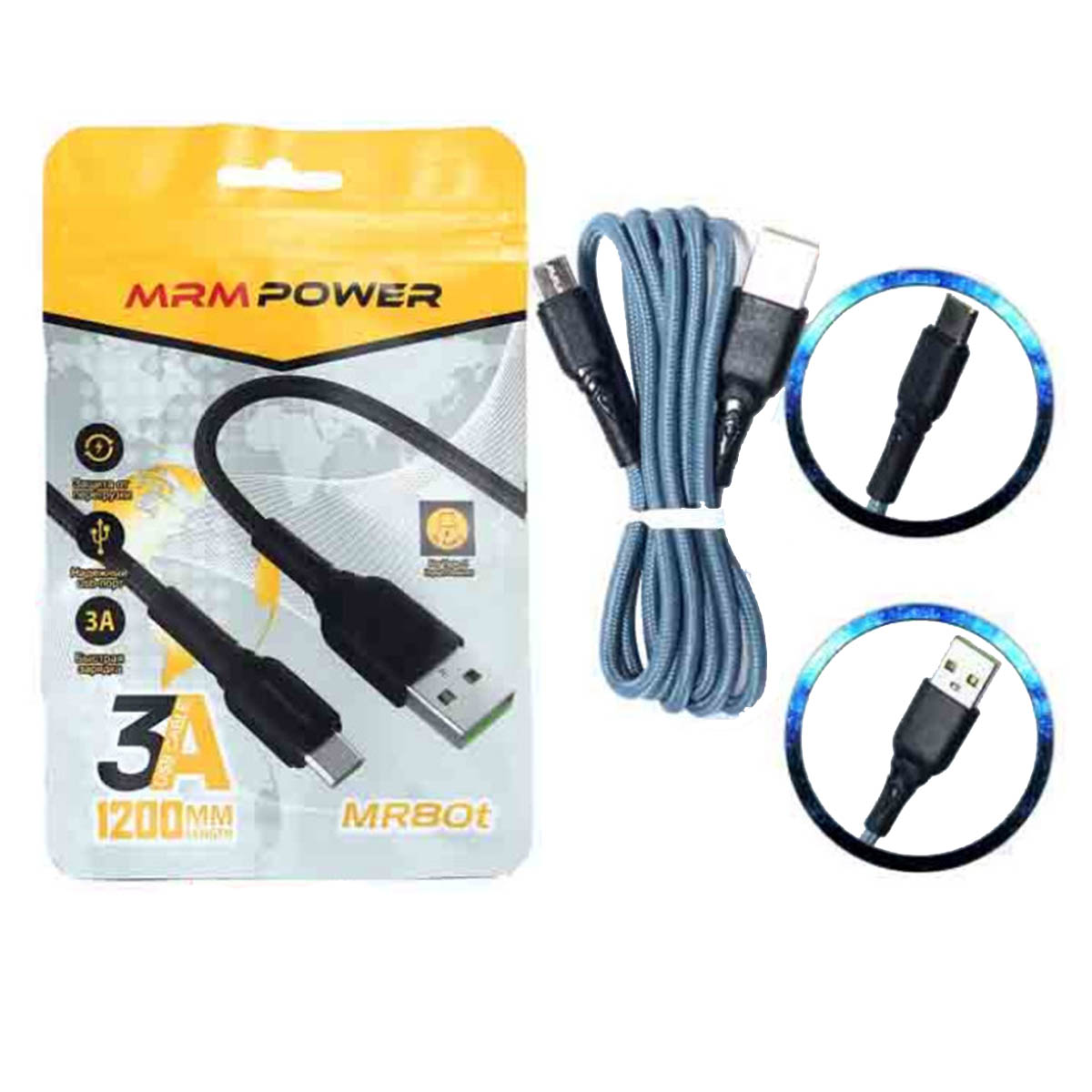 Кабель MRM MR80t Type-C, быстрая зарядка, нейлон, 3А, длина 1.2 метра, цвет серо голубой