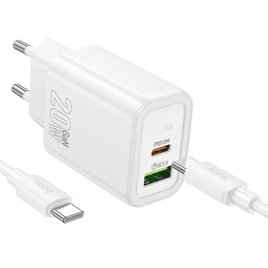 СЗУ (Сетевое зарядное устройство) HOCO N61 Gentle с кабелем USB Type C на USB Type C, 20W, 1 USB Type C, 1 USB, QC3.0, длина 1 метр, цвет белый