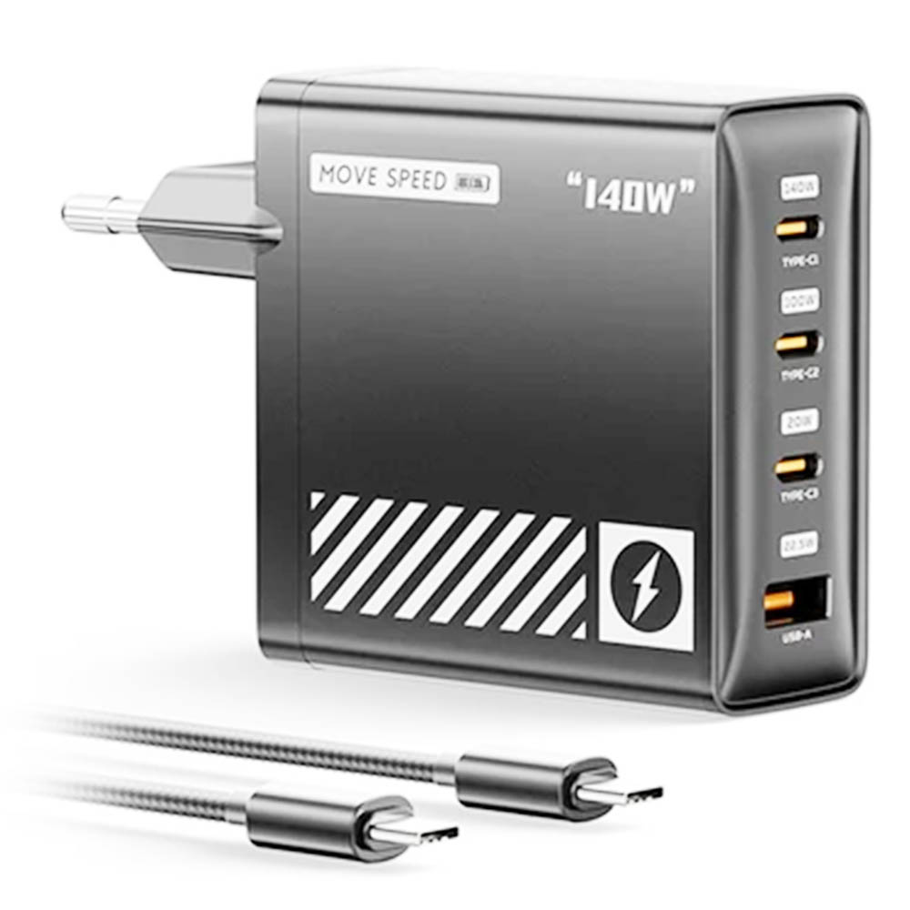 СЗУ (Сетевое зарядное устройство) с кабелем TYPE-C MOVESPEED HC-TR271A, GaN, 1 USB, 4 TYPE-C, 140W, цвет серый