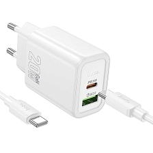 СЗУ (Сетевое зарядное устройство) HOCO N61 Gentle с кабелем USB Type C на USB Type C, 20W, 1 USB Type C, 1 USB, QC3.0, длина 1 метр, цвет белый