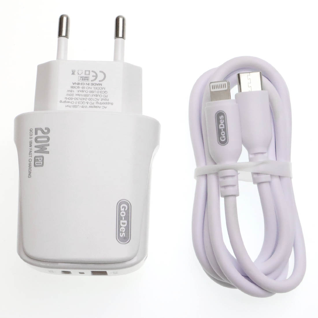 СЗУ (Сетевое зарядное устройство) GO-DES GD-QC3016 с кабелем USB Type C на Lightning 8 pin, 20W, 1 USB Type C PD20W, 1 USB QC3.0 18W, длина 1 метр, цвет белый