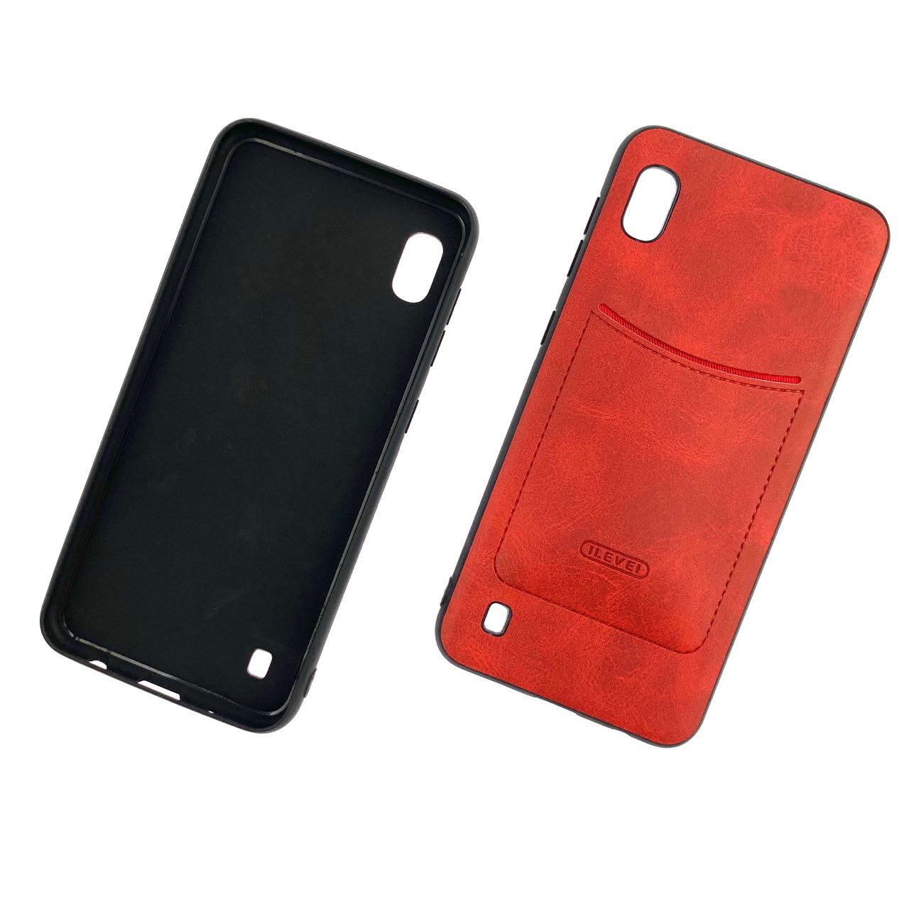 Чехол накладка ILEVEL для SAMSUNG Galaxy A10 (SM-A105), силикон, под кожу, визитница, цвет красный.