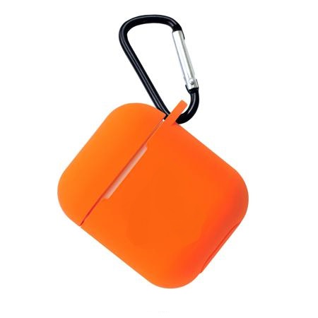 Чехол для беспроводных наушников APPLE AirPods силиконовый с карабином, цвет ярко-оранжевый.