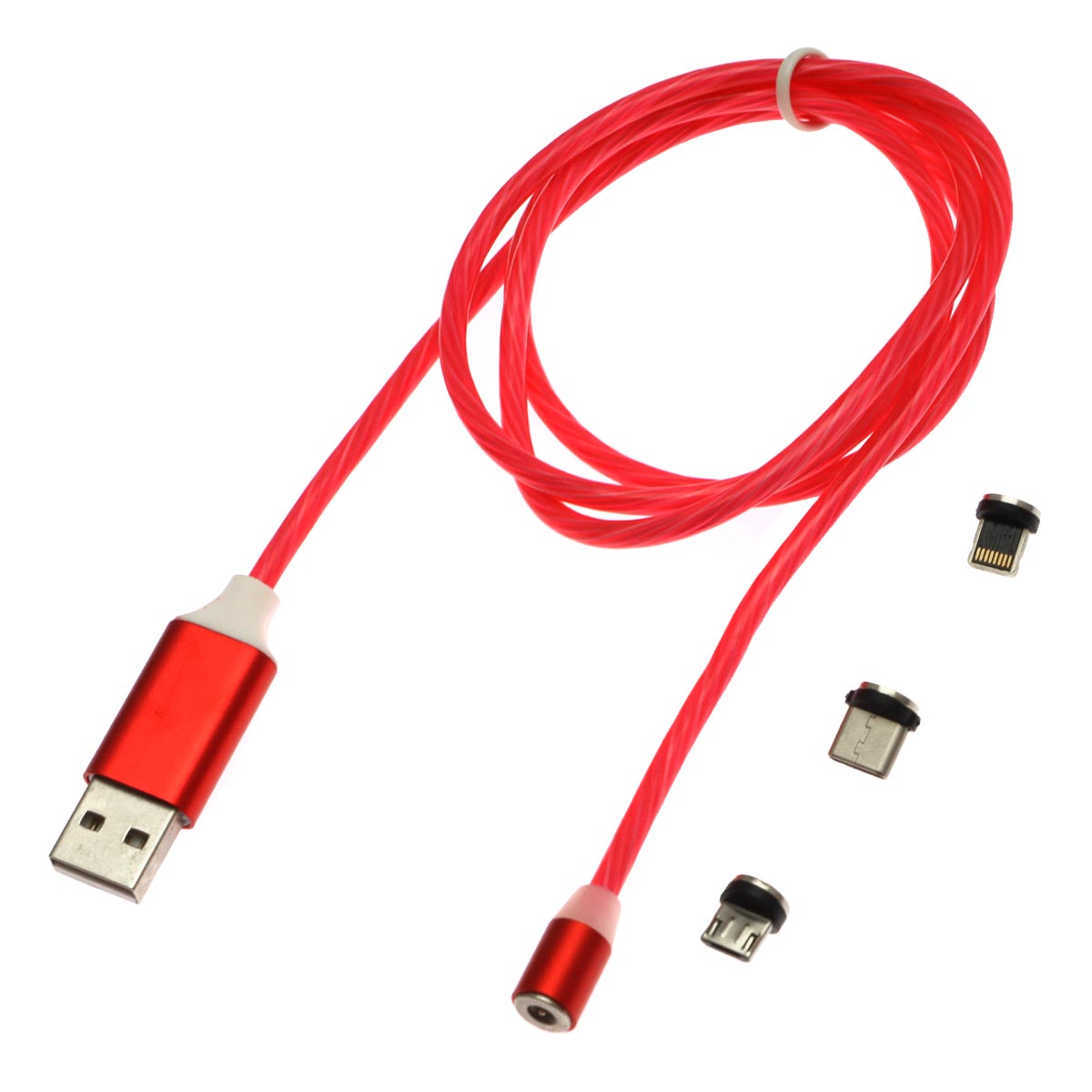 Магнитный зарядный кабель X-CABLE 360° Metal Magnetic Cable с насадками APPLE Lightning 8-pin, Micro USB, Type-C, длина 1 метр, цвет красный