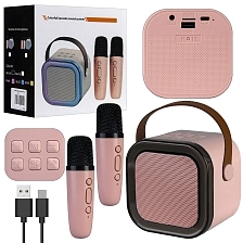 Колонка портативная, караоке микрофон K12, Bluetooth, TF card, USB, AUX, RGB подсветка, 2 микрофона, цвет розовый
