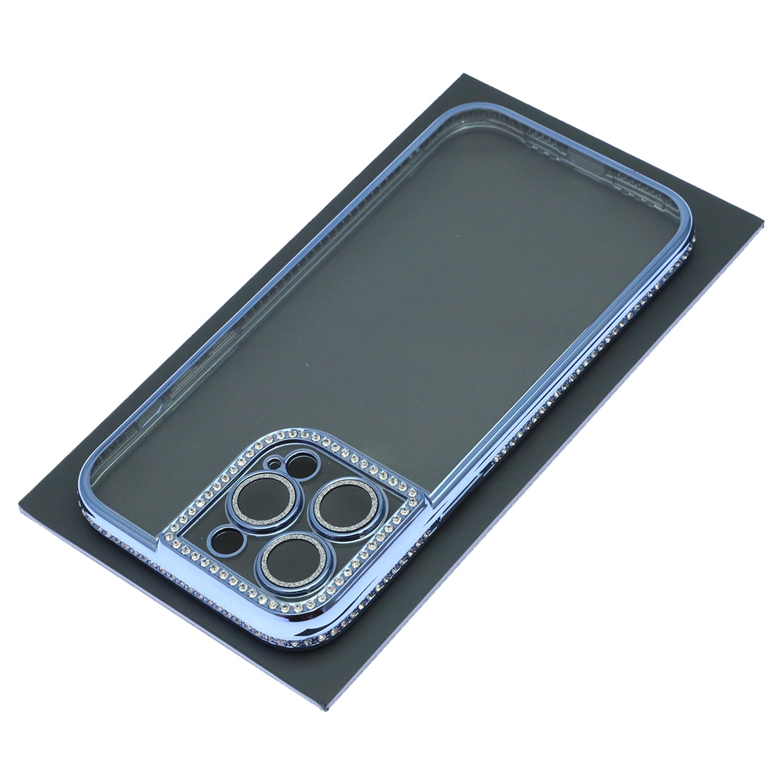 Чехол накладка для APPLE iPhone 14 Pro Max, силикон, защита камеры, стразы, цвет окантовки голубой