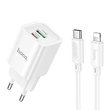 СЗУ (Сетевое зарядное устройство) HOCO C149A Charm с кабелем USB Type C на Lightning 8 pin, 30W, 1 USB Type C, 1 USB, PD30W, QC3.0, длина 1 метр, цвет белый