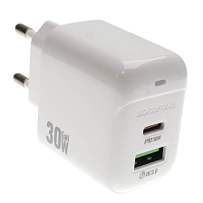 СЗУ (Сетевое зарядное устройство) BOROFONE BAS45A Potential, 30W, 1 USB Type C, 1 USB, PD30W, QC3.0, цвет белый