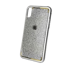 Чехол накладка для APPLE iPhone X, силикон, блестки, логотип, цвет серебристый.