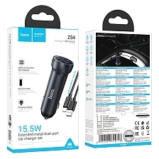 АЗУ (Автомобильное зарядное устройство) HOCO Z54 Prosperous с кабелем Lightning 8 pin, 15.5W, 2 USB, длина 1 метр, цвет темно серебристый